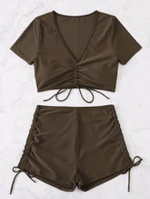 Solide Kurzarm Kordelzug selbst binden Crop Top Bikini Bademode